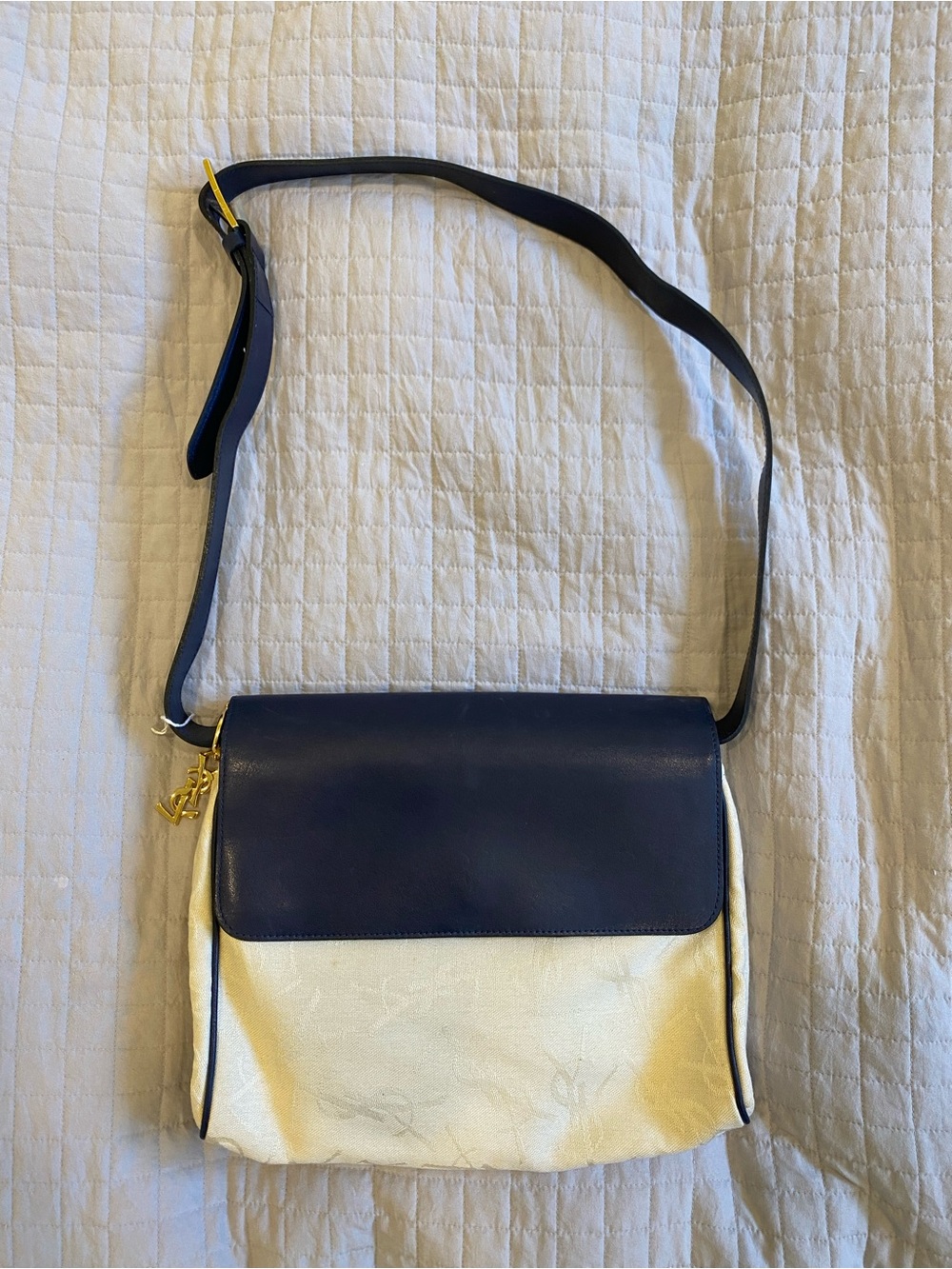 Vintage Yves Saint Laurent Navy Blue and Cream Crossbody Shoulder Bag